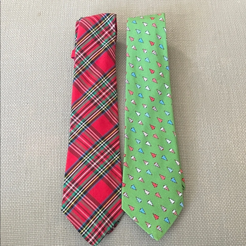 2 J. Bailey Ties/ red plaid/ green Christmas trees. Boy’s Large